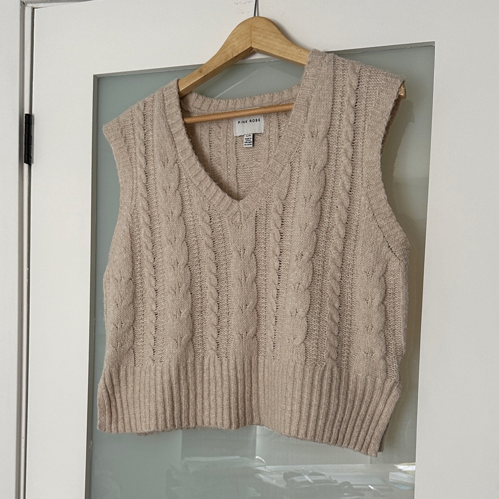 Pink Rose Brand Tan Cable Knit V-Neck Sweater